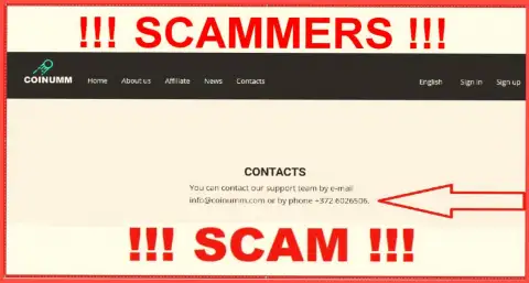 Coinumm Com phone number listed on the fraudsters website