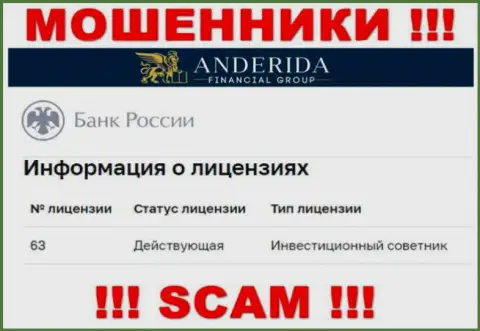 Андерида Финансиал Груп пишут, что имеют лицензию от ЦБ Российской Федерации (инфа с интернет-портала мошенников)