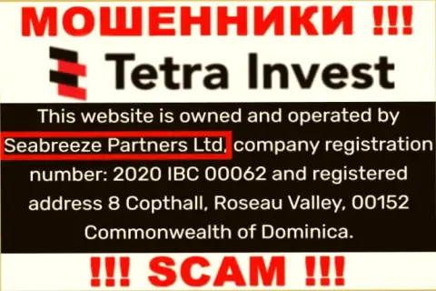 Юридическим лицом, владеющим мошенниками Тетра-Инвест Ко, является Seabreeze Partners Ltd