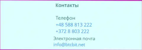 Номера телефонов и почта криптовалютного интернет-обменника BTCBit Sp. z.o.o.