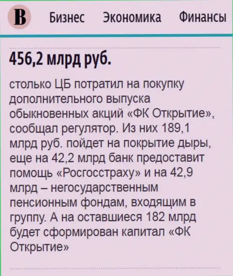Как написано в газете Ведомости, почти что пол трлн. рублей ушло на докапитализацию АО Открытие холдинг